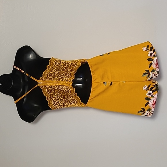 O'Delilah cute floral romper dress S Yellow spaghetti straps lace on back summer - Picture 2 of 8